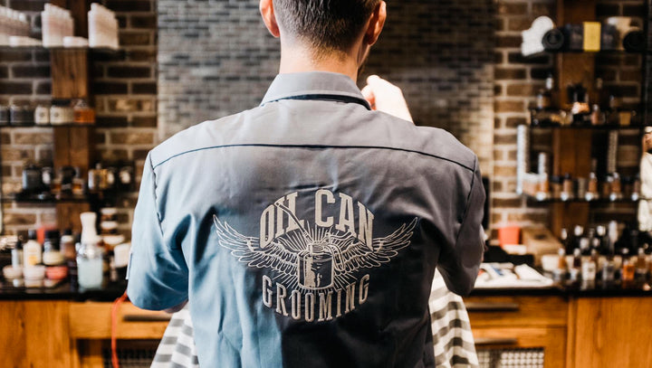 Oil Can Grooming City Barbers custom dickies work shirts